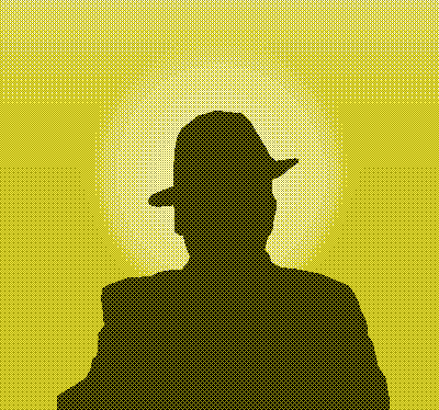 A silhouette of a man wearing a trilby hat with the dawn of a new bright day behind him